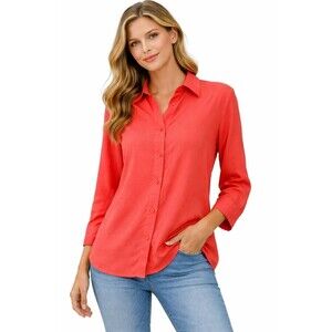 Megaschoni Womens Blouse Coral Orange Button Down Lyocell Long Sleeve Spring